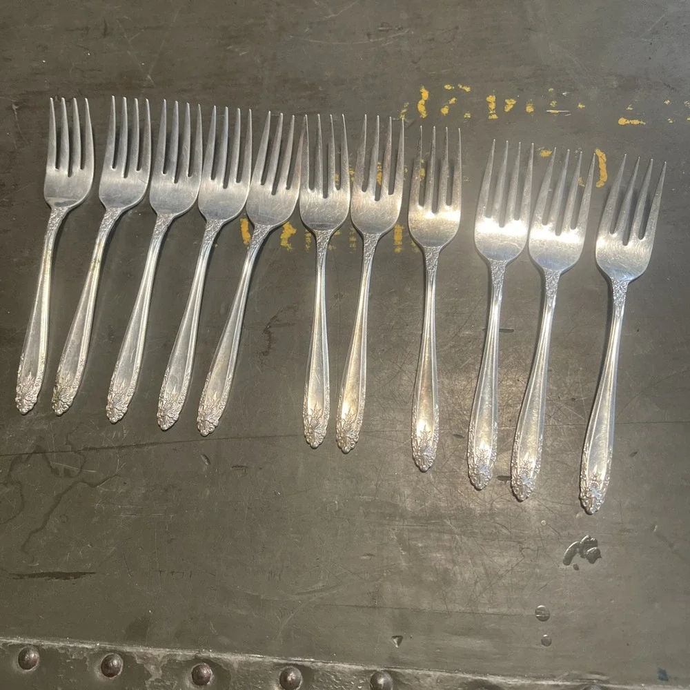 Vintage ElDAN Nickel Silver Salad Dessert Forks Ornate Victorian Set of 11
